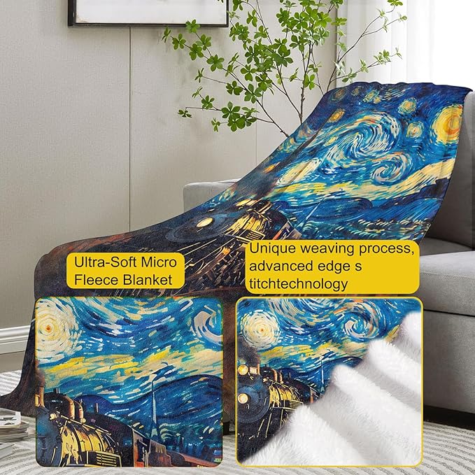 Starry Night Train Flannel Blanket, Train Gifts, Artistic Train Blanket for Women, Soft Lightweight Throw Blankets for Bed Home Travel Decor 60" x 80"