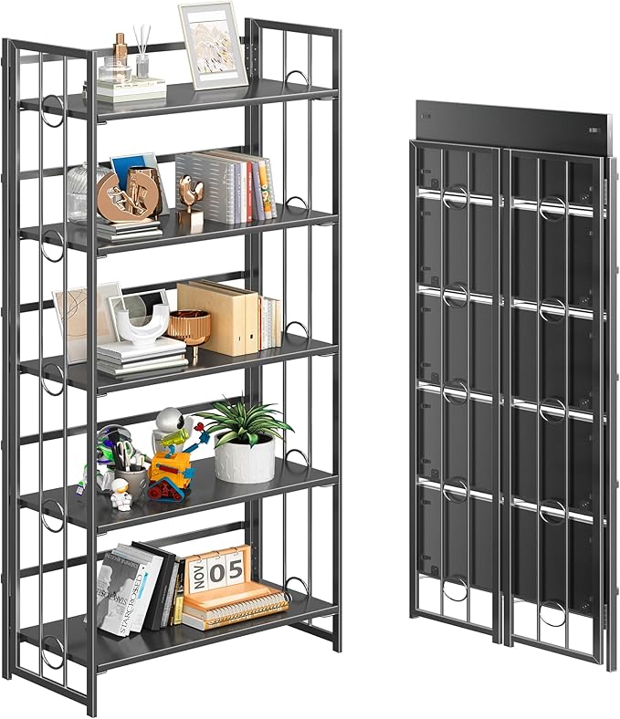 4NM No Assembly 5 Tiers Folding Bookshelf, 59.4" H Foldable Storage Shelves Vintage Bookcase Standing Racks Study Organizer Home Office - All Black