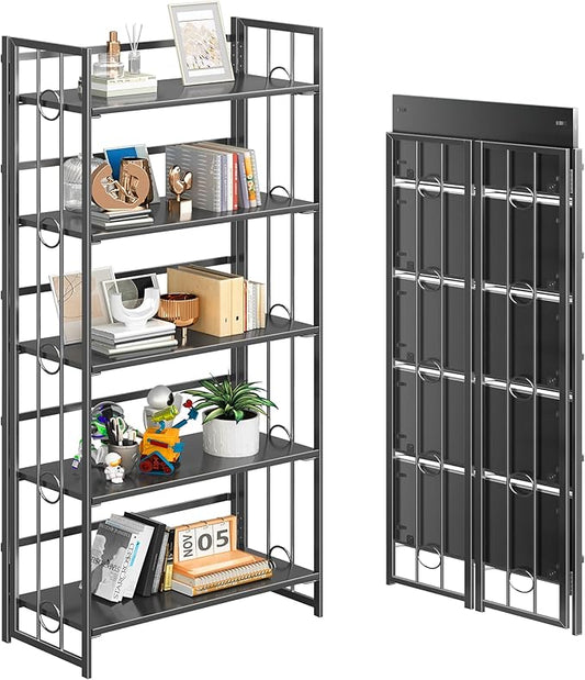 4NM No Assembly 5 Tiers Folding Bookshelf, 59.4" H Foldable Storage Shelves Vintage Bookcase Standing Racks Study Organizer Home Office - All Black