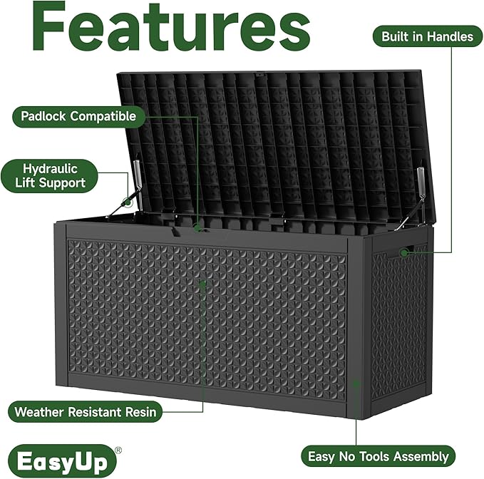 100 Gallon Outdoor Storage Box Waterproof, UV Resistant Resin Deck Box with Hydraulic Rod, Reinforced Stability for Patio, Garden, Quad Leaf Black