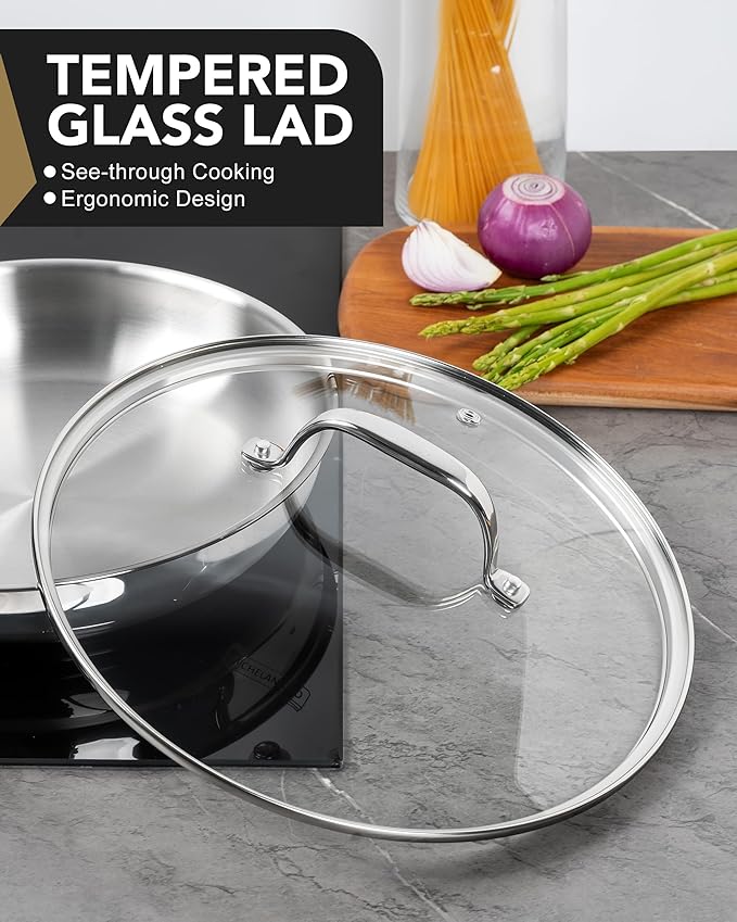 MICHELANGELO Stainless Steel Frying Pan Set with Lid, 8" 10" Cooking Pan set with Triply Base, Stainless Steel Skillet with Ergonomic Handle, Induction Compatible