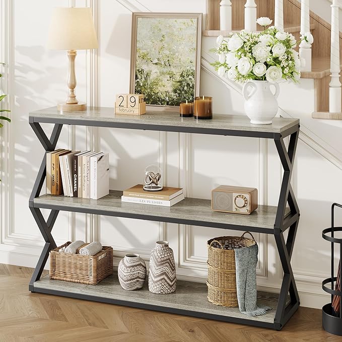 Industrial 3-Tier Console Table, Rustic Long Entryway Sofa Table with Storage Shelves, Light Gray TV Stand for Living Room & Hallway, Modern Farmhouse Decor (47.2 inch)