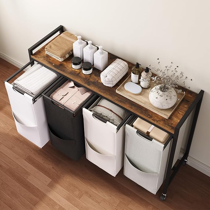 HOOBRO Laundry Sorter 4 Sections, Laundry Hamper with Wheels, 4 × 10.5 Gal (40 L), Rolling Laundry Basket, Pull-Out and Removable Oxford Fabric Bags, Rustic Brown BFE04XY01