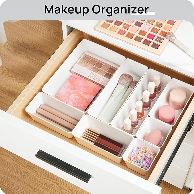 Vtopmart 44 PCS Plastic Drawer Organizers Set, 4-Size Versatile Bathroom and Vanity Organizer Trays, Non-Slip Storage Containers for Makeup, Jewelries, Bedroom，Kitchen Utensils and Office, White