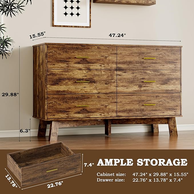 Dresser for Bedroom with 6-Drawer, 47.3" Modern Chest of Drawers with Metal Handles, X-Shape Base & Adjustable Center Leg, Anti-Tip Closet Organizers and Storage