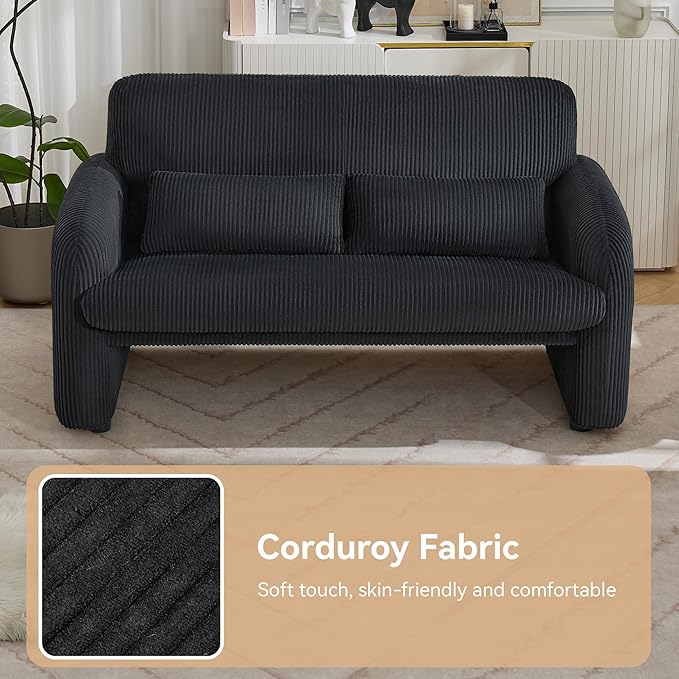 56'' Corduroy Loveseat Sofa, 2 Seater Love Seat Couch for Small Space, Comfy Upholstered Modern Leisure Loveseat Couches with Lumbar Pillows for Bedroom, Office, Living Room, Black
