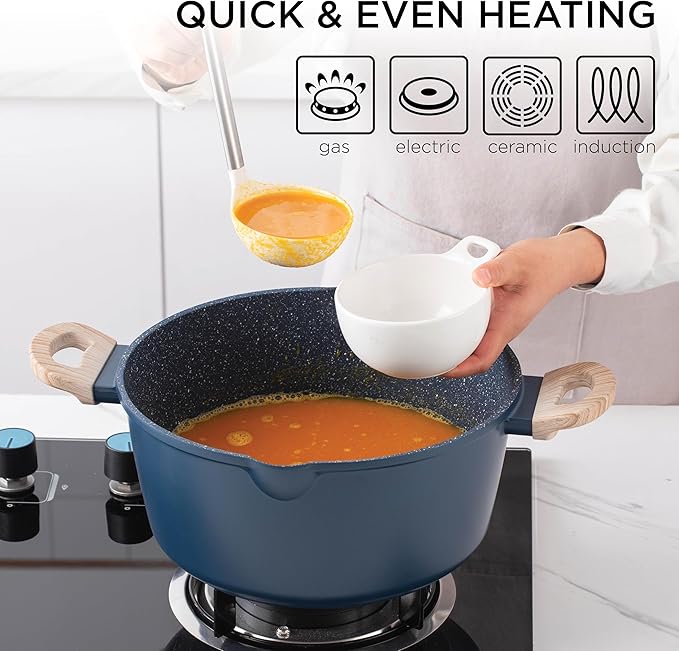 Country Kitchen Non-Stick Cast Aluminum Cookware Set - Durable Kitchen Cookware for Everyday Cooking, Navy Round Handle, 11 Pc.