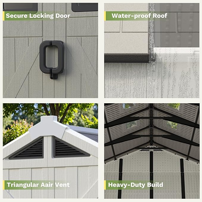 Greesum 10×10 FT Plastic Outdoor Storage Shed with Floor and Lockable Door, Resin Sheds with Windows and Skylights, Weather Resistant Organization for Garden, Lawn, Pool Supplies, Beige