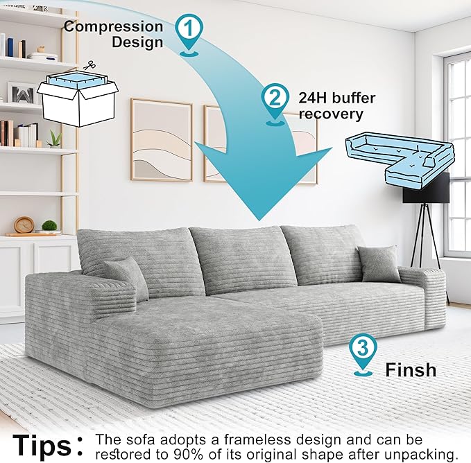 Sectional Couches for Living Room 112" L-Shape Cloud Couch Modern Modular Sectional Sofa Bad, Boneless Couch with Left Deep Seat, No Assembly Required (Plush Corduroy Fabric, Grey)