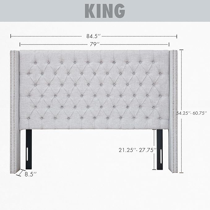 Madison Park Amelia Upholstered Headboard | Nail Head Trim Wingback Button Tufted | King, Grey