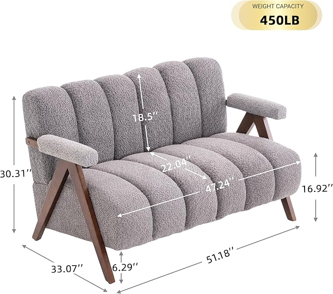 Mid Century Modern Accent Chair Loveseat Sofa with Solid Wood Frame, Boucle Upholstered Living Room Chairs with Thick Cushion, Comfy Tufted Arm Chair for Bedroom, Grey