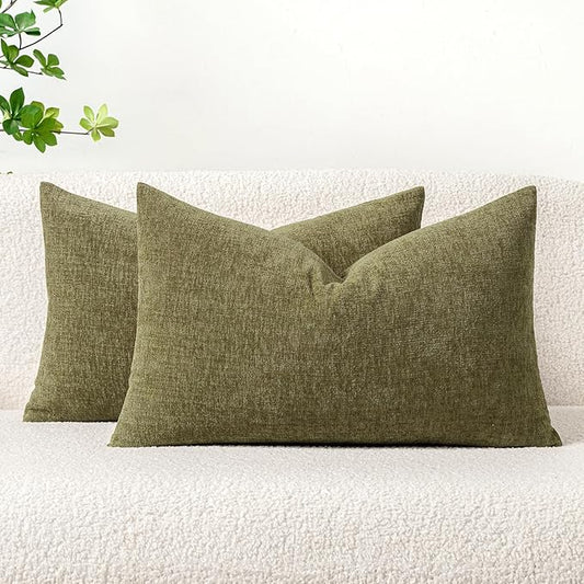 MIULEE Pack of 2 Couch Throw Pillow Covers 12x20 Inch Soft Olive Green Chenille Pillow Covers for Sofa Living Room Solid Dyed Pillow Cases