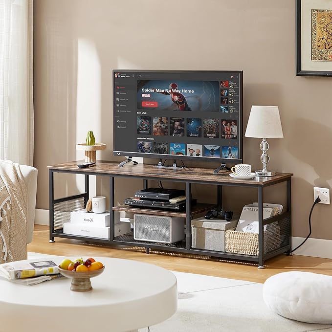 VECELO TV Stand with Power Outlets for Televisions up to 65Inch, 55" Media Entertainment Center with Charging Station 3-Tier Open Storage Shelves with Metal Frame for Living Room/Bedroom，Brown