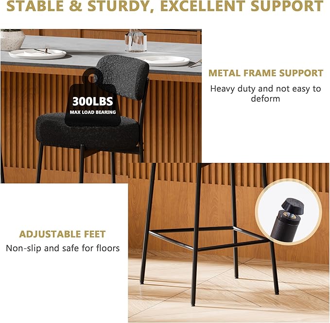 DYHOME Black Bar Stools Set of 3, 24 Inch Modern Counter Height Bar Stools with Curved Back Metal Legs, Upholstered Boucle Barstools for Kitchen Island, Cafe