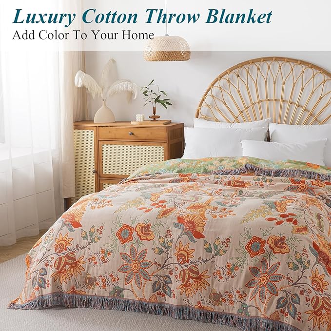 Boho Throw Blanket for Bed-100% Cotton Soft Breathable Farmhouse Decor Boho Quilt for Sofa (Boho Flowers, 80"x90")
