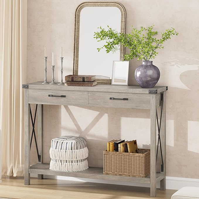 43” Entryway Table with Drawers, Narrow Console Sofa Table with Storage & Shelves, Farmhouse Entryway Console Table for Hallway, Living Room - Grey