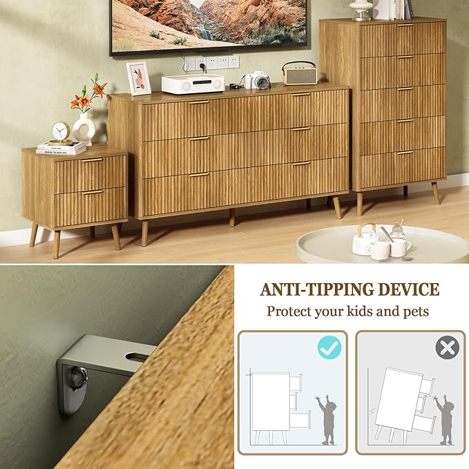 CARPETNAL Fluted 5 Double Drawers Dresser for Bedroom, 45”Tall Modern Chest of Drawers with Deep Drawers,Curved Profile Design, Wood Drawer Organizer for Living Room, Natural Oak