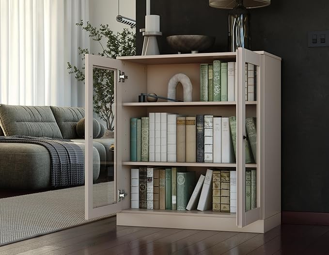 Palace Imports Solid Wood Bookcase - Floor Standing Bookshelf - 32” W - Display Furniture, Renewable 100% Eco-Friendly Wood, Made in Brazil (Beige, Clear Glass Doors | 3-Shelf Short Bookcase)