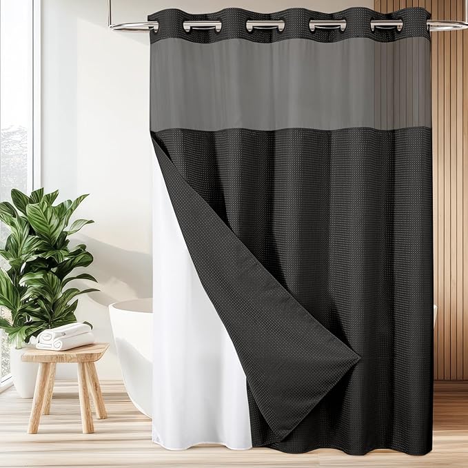 Colorful Star Extra Long Waffle Weave Shower Curtains, 256GSM Heavy Duty Shower Curtain with Snap in Fabric Liner, Hotel Style No Hook Waterproof Bathroom Curtain Set, 72 x 87 Inch, Black