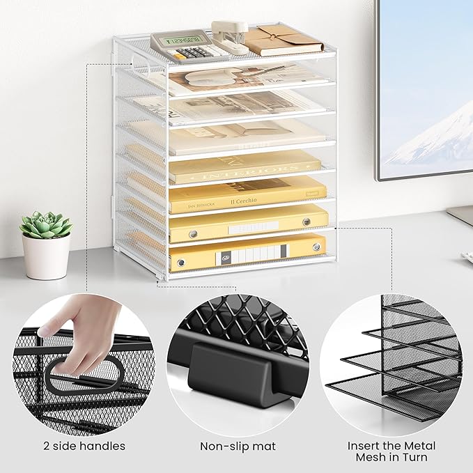 Lavatino 8-Tier Letter Tray Desk Paper Organizer, Mesh File Tray Organizer for Desk, Office Supplies & Home Organization, Fits A4 Paper, Mail, Magazines and Office Accessories (White with Handle)