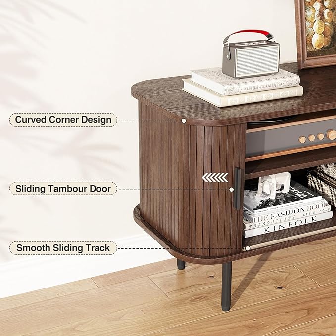 63" Mid Century Modern Fluted TV Stand for TVs up to 75 Inch, Gaming Entertainment Center with Tambour Slatted Sliding Doors, Media TV Consoles Table for Living Room, Walnut