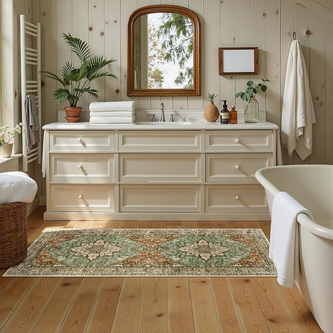 Area Rugs 2'x5' Washable Non-Slip, Floral Vintage Distress Print Pattern Medallion Carpet for Living Room Bedroom Dining Room, Brick Red Rust Neutral Brown Burnt Orange Green