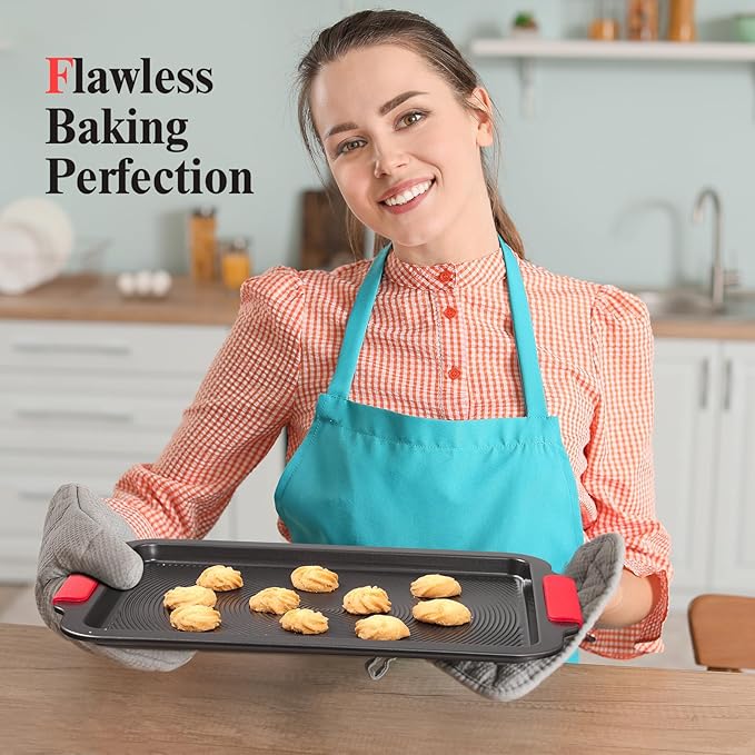 Baking Sheet with Circle Grooves, 1-Piece 16x11in Nonstick Cookie Sheets for Baking & Roasting, Baking Pans with Red Grips, PFAS/PTFE Free,Gray