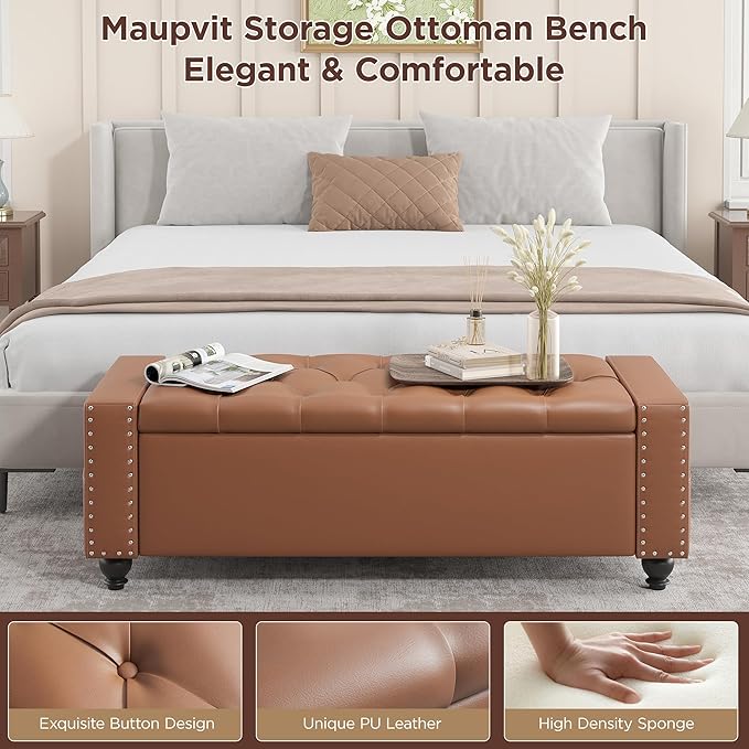 Maupvit Storage Ottoman Bench, 49 Inch Bedroom Bench, Upholstered Ottoman with Storage, Entryway Bench with Tufted Button, Faux Leather Window Bench for Bedroom, Living Room, Entryway, Hallway, Brown