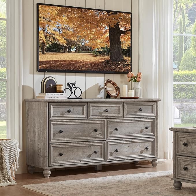 7 Drawers Dresser for Bedroom, Farmhouse 54" Wide Wood Dressers Chest of Drawers, Vintage Design TV Stand, Rustic Storage Dresser Organizer with Metal Handle Closet for Living Room, Hallway