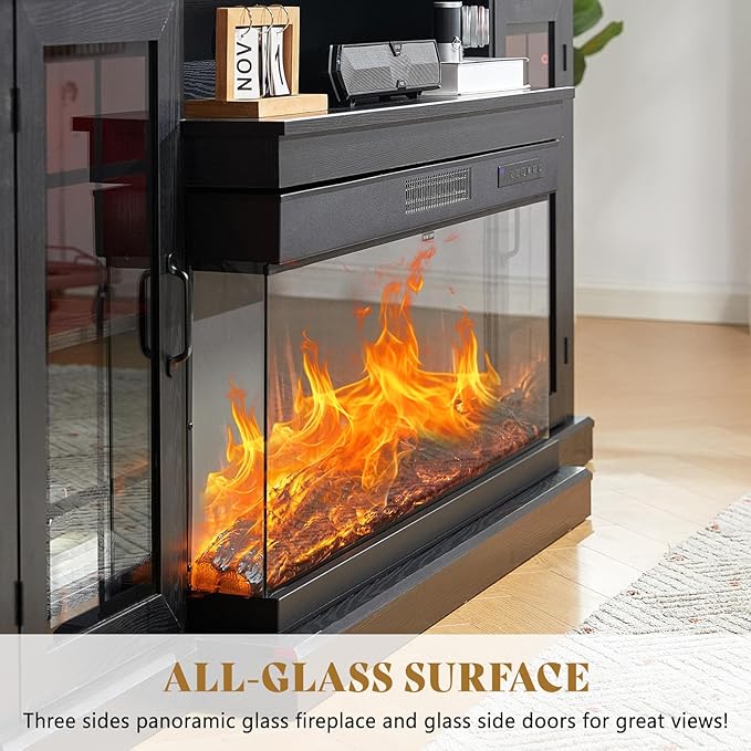AMERLIFE 75in 3-Sided Glass Fireplace TV Stand with LED Lights for TVs up to 85", Rustic Fireplace Media Entertainment Center Console Cabinet Table with Glass Door Closed Storage, Black