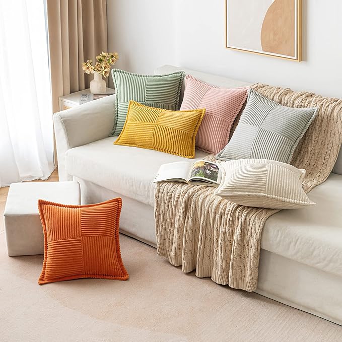 MIULEE Decorative Throw Pillow Covers for Couch Bed Livingroom 20x20 Inch Set of 2 Beige Boho Accent Throw Pllows Broadside Striped Patchwork Soft Corduroy Pillowcases