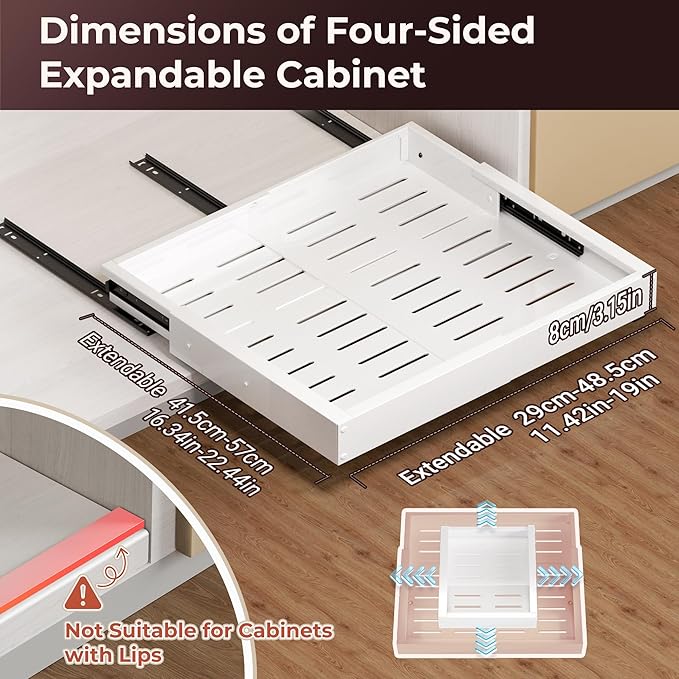 2Pack Pull Out Cabinet Organizer, Slide Out Drawer Expandable Width (12"-19") and Depth (17"-23") With 3 Slides, Fixed with Adhesive Film or Nail for Cabinets in Kitchen, Pantry or Bathroom