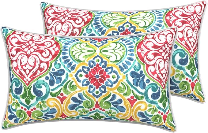 LVTXIII Outdoor Lumbar Pillow Covers 12"x20", Covers ONLY, 2 Pack 30x50cm Lumbar Cushion Cover with White Piping for Home Patio Garden Sofa Bench, Damask Red