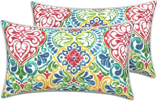 LVTXIII Outdoor Lumbar Pillow Covers 12"x20", Covers ONLY, 2 Pack 30x50cm Lumbar Cushion Cover with White Piping for Home Patio Garden Sofa Bench, Damask Red