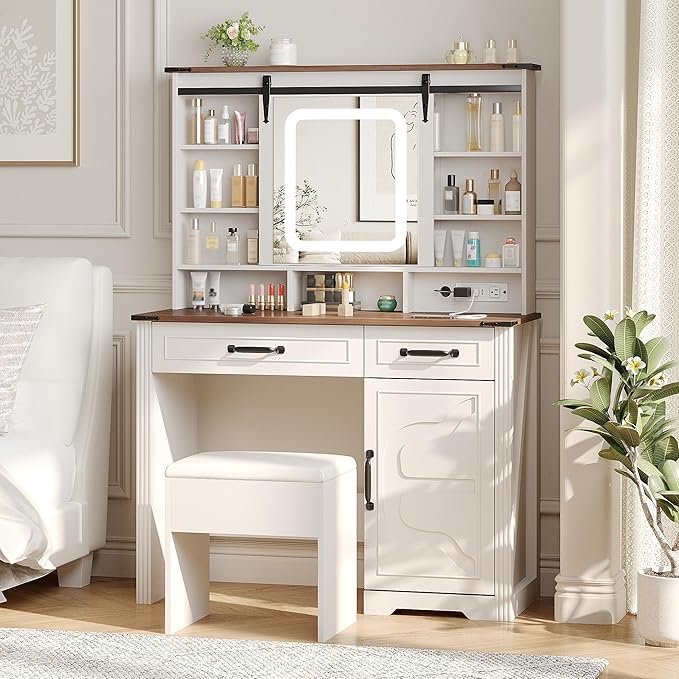Farmhouse Makeup Vanity Desk with Sliding Mirror and Lights and Charging Station, White Vanity with Shelves and Drawers and Storage Cabinet, Make Up Vanity Desk with Cushioned Stool for Bedroom