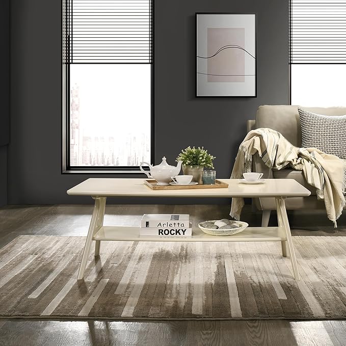 Roundhill Furniture Arona Mid-Century Modern Wood Shelf Coffee Table, Off-White Finish