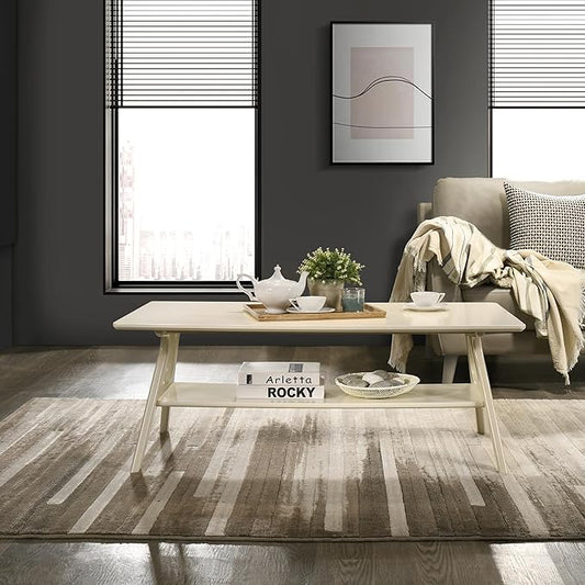 Roundhill Furniture Arona Mid-Century Modern Wood Shelf Coffee Table, Off-White Finish
