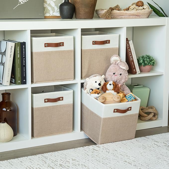 OrganiHaus 11x11 Fabric Cubes Storage Bins Set of 4, Foldable Collapsible Fabric Storage Bins for Organizer, Cubbies Organizer for Kallax, Linen Cube Shelf Baskets, Toy Organizing boxes - Beige/White