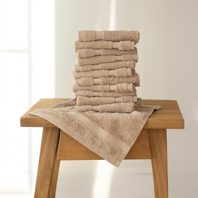 SALBAKOS 100% Turkish Cotton Washcloth Set of 12 13x13 inch | Heirloom Quality | Hotel & Spa Collection | Ultra Soft, Super Absorbent, Washcloth Towels | Made in Turkey (Taupe, 12 Washcloths)