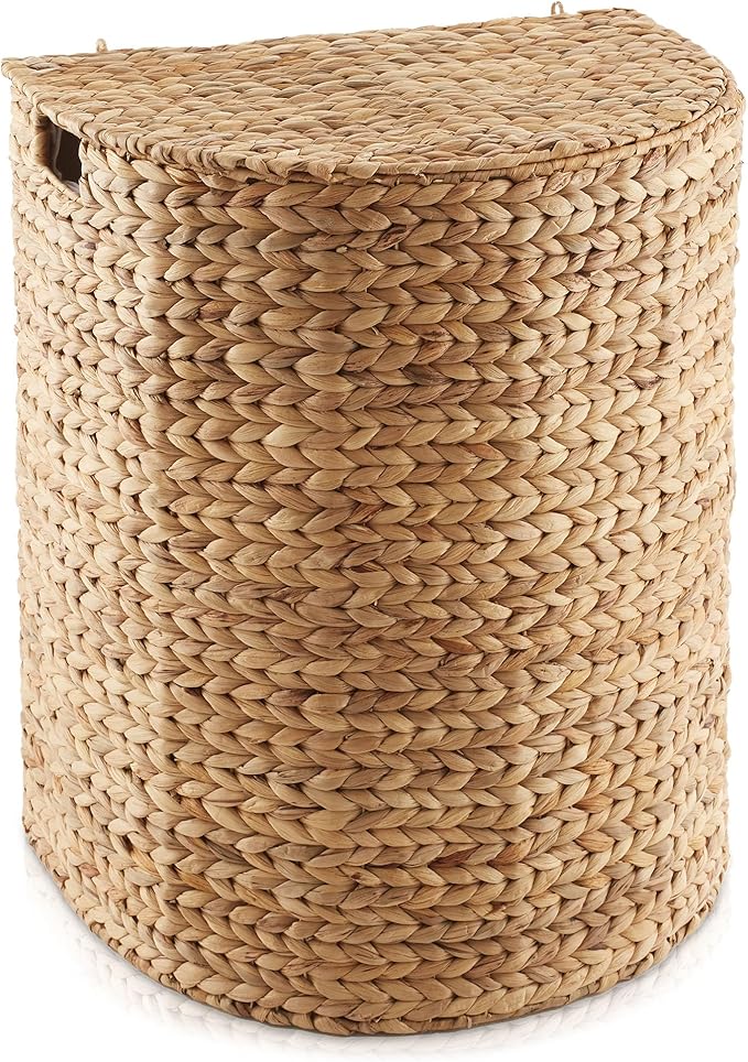 Casafield Half Moon Laundry Hamper with Lid and Removable Liner Bag - Natural, Woven Water Hyacinth Laundry Basket for Clothes and Towels