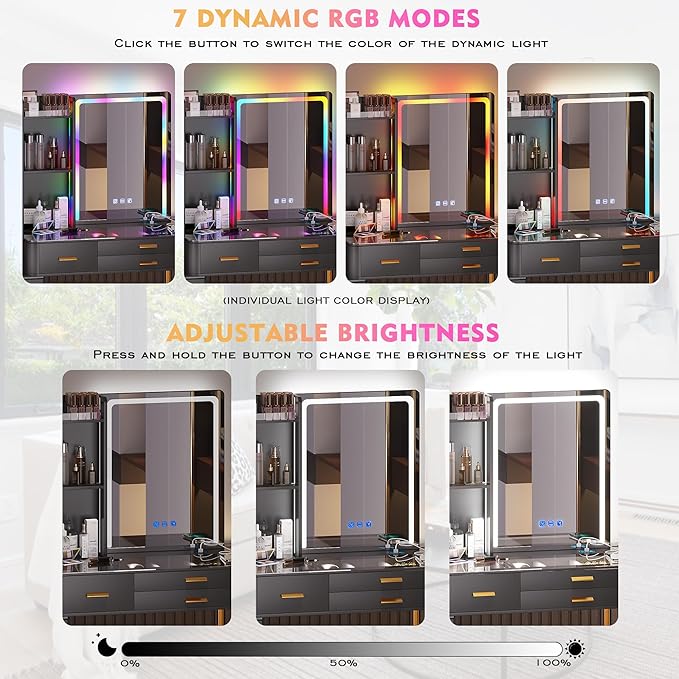 HNEBC Vanitys with HD Glass Display Table, Makeup Desk with Lighted Mirror and Charging Station, Dressing Table with RGB Lights,Jewelry Organizer,Cabinet,6Drawers,Chair for Women/Girls (Black)