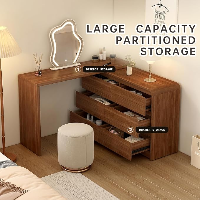 Makeup Vanity Desk with Cloud HD Mirror and Lights, 50-94in Extendable Modern Vanity Table Set with Chair, 6-Drawer Storage Cabinet with Rounded Corners, Dressing Table for Bedroom, Brown