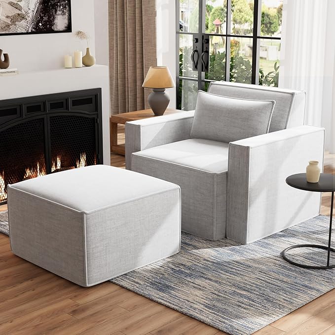 ELUCHANG Oversized Accent Chair with Ottoman,Modern Boucle Sofa Chair with Strong Wood Frame,High Supportive & Soft Sponges Comfy Upholstered Armchair Reading Chairs for Apartment,Light Grey
