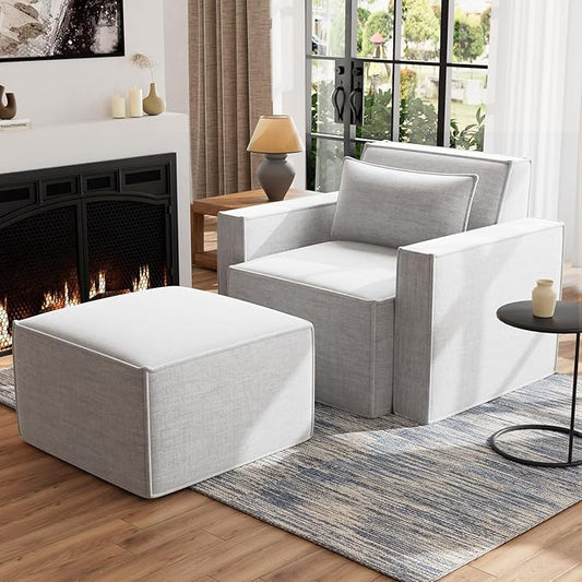 ELUCHANG Oversized Accent Chair with Ottoman,Modern Boucle Sofa Chair with Strong Wood Frame,High Supportive & Soft Sponges Comfy Upholstered Armchair Reading Chairs for Apartment,Light Grey