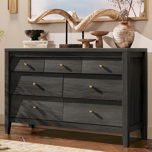 7 Drawers Dresser with Beveled Panel, Farmhouse Chest of Dressers for Bedroom, Wood Dresser TV Stand, Drawer Organizer for Bedroom, Living Room, Black