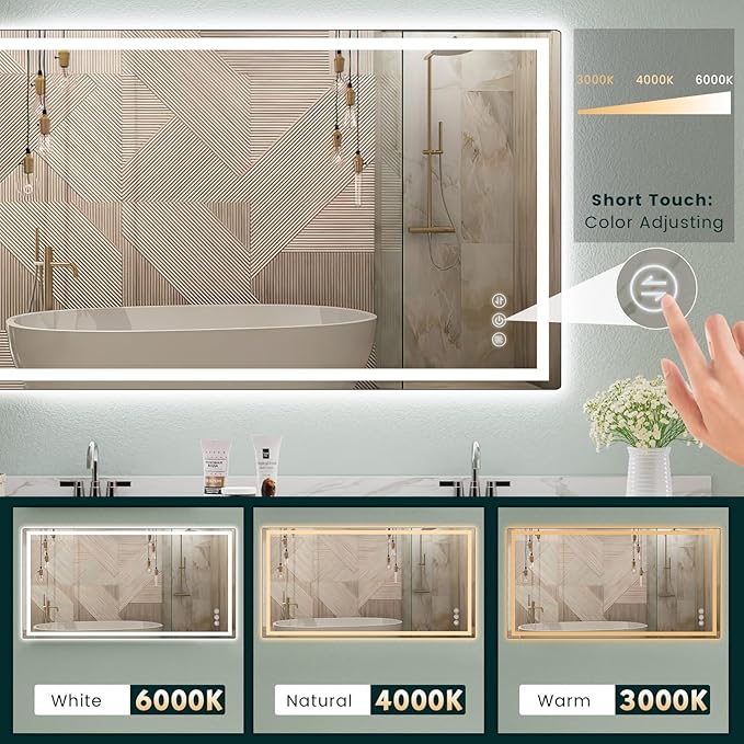 LED Mirror for Bathroom 36"x 72" with Frontlit and Backlit, Anti-Fog Mirror with Lights, Stepless 3 Colors Temperature & Dimmable Bathroom Mirror, Memory Tempered Glass Mirror for Bathroom