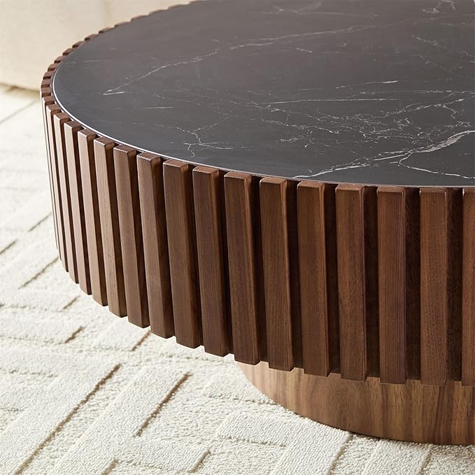 35.43'' Walnut Coffee Table Modern Handcraft Drum Round Circle Wooden Solid Wood Veneer Tea Table for Living Room Apartment (Sintered Stone Tabletop)