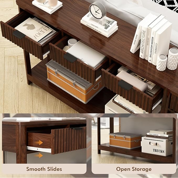 Fluted Console Table with Drawers, Modern 47.1" Entryway Table with Storage Shelf, Boho Narrow Skinny Behind Couch Wood Sofa Table for Living Room Hallway Entrance Foyer,Walnut