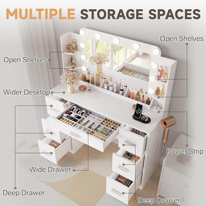 YESHOMY Vanity Desk with Large Lighted Mirror, Power Outlet and 11 Lights, Makeup Table with 7 Drawers and 3 Desktup Storage Units, 3 Color Modes Available for Bedroom, White
