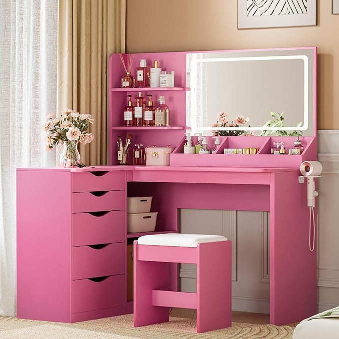 JUMMICO Makeup Vanity Desk with Mirror and Lights, L- Shaped Vanity, Modern Vanity Table with 5 Drawers & Adjustable Shelves, Power Outlet with Fast Charging, for Bedroom (Pink)